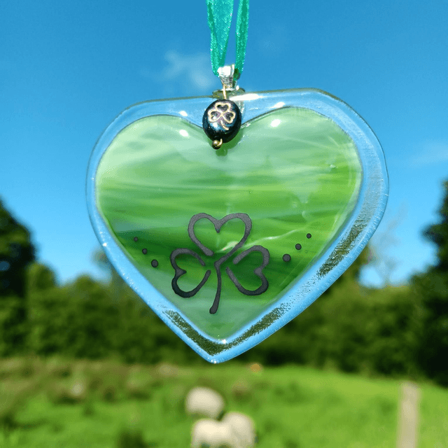 Fused glass Green Heart with hand-painted shamrock