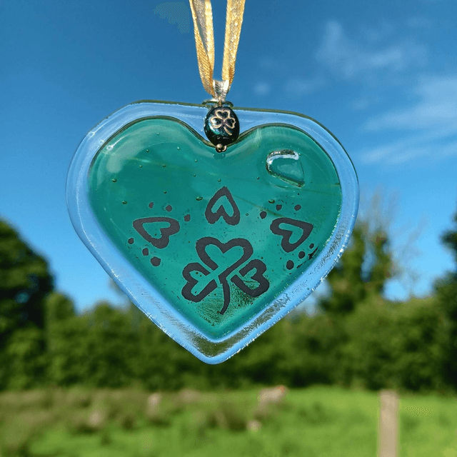 Fused glass Green Heart with hand-painted pattern