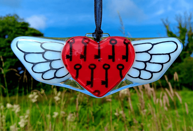 Fused glass Winged Heart, key