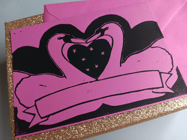 Lino print Swan card - personalised