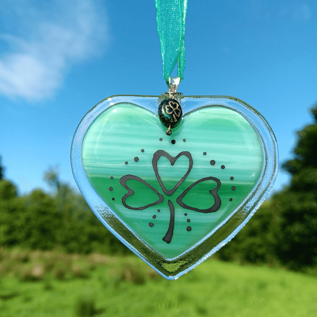 Fused glass Green Heart with hand-painted shamrock