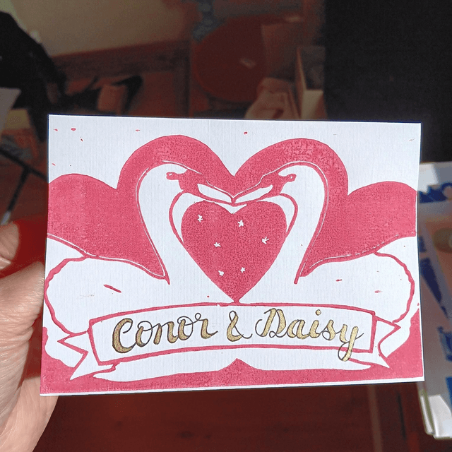 Lino print Swan card - personalised