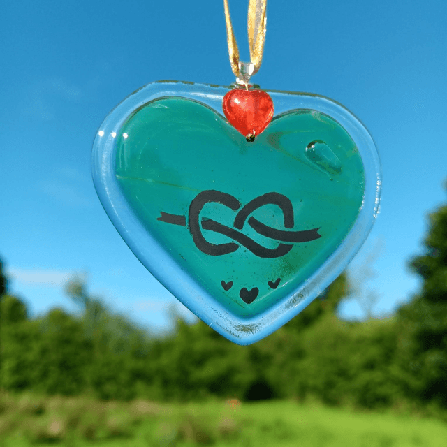 Fused glass Green Heart with hand-painted pattern