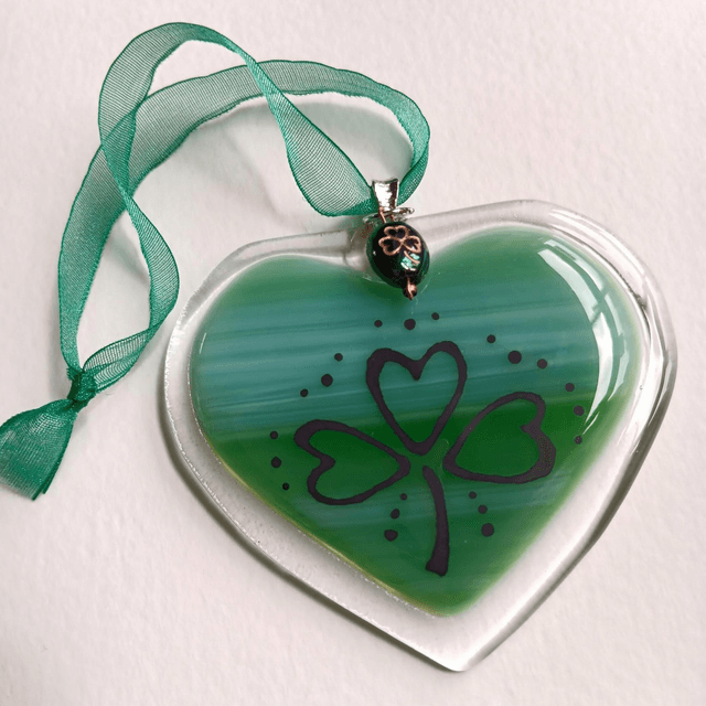 Fused glass Green Heart with hand-painted shamrock