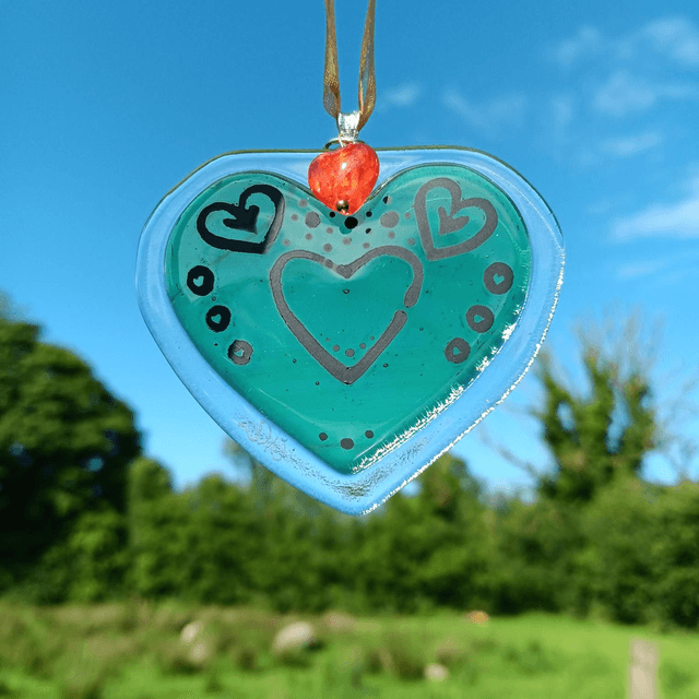 Fused glass Green Heart with hand-painted pattern