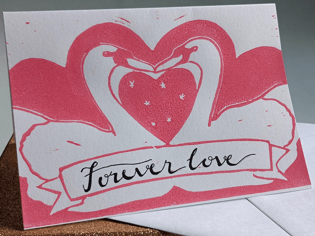 Lino print Swan card with message