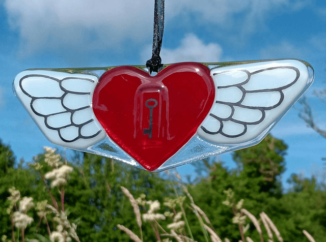 Fused glass Winged Heart, key