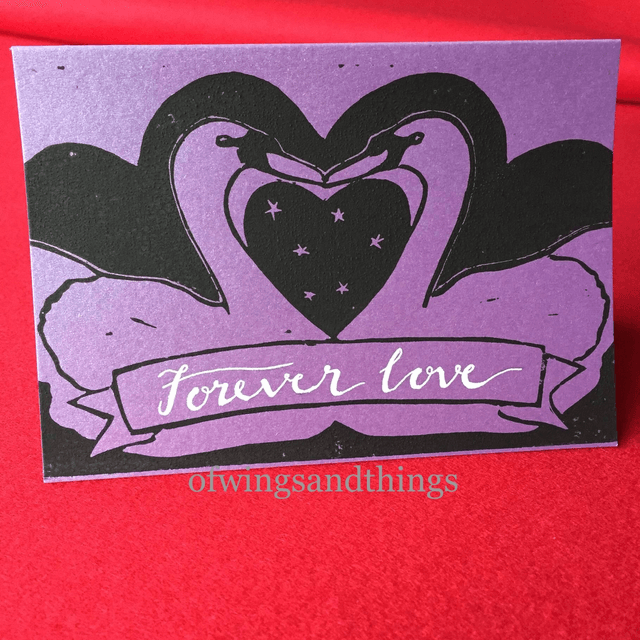 Lino print Swan card with message