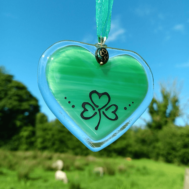 Fused glass Green Heart with hand-painted shamrock