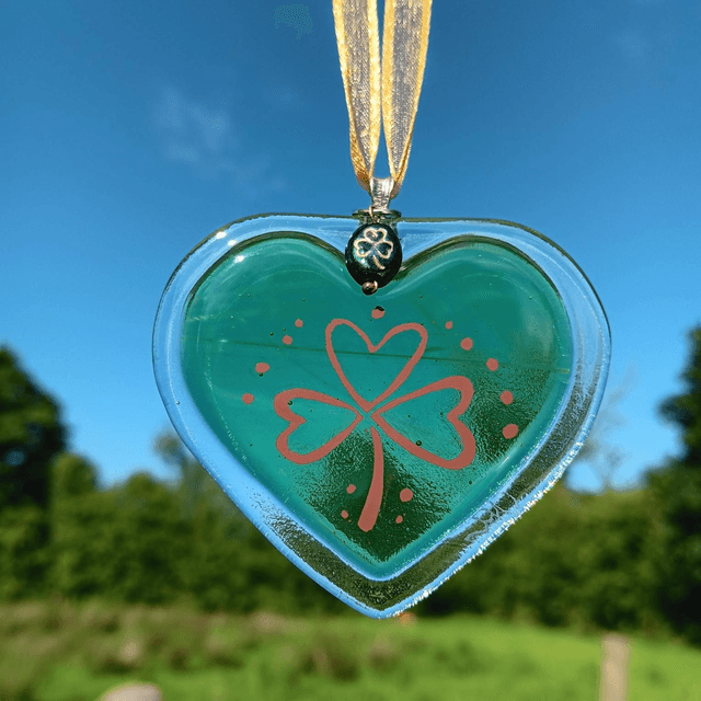 Fused glass Green Heart with hand-painted pattern