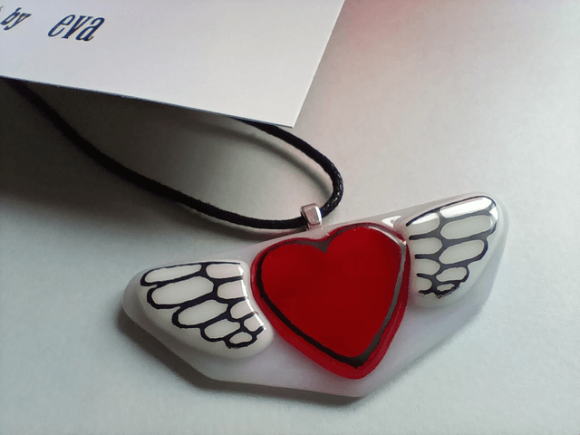 Fused glass Winged Heart pendant
