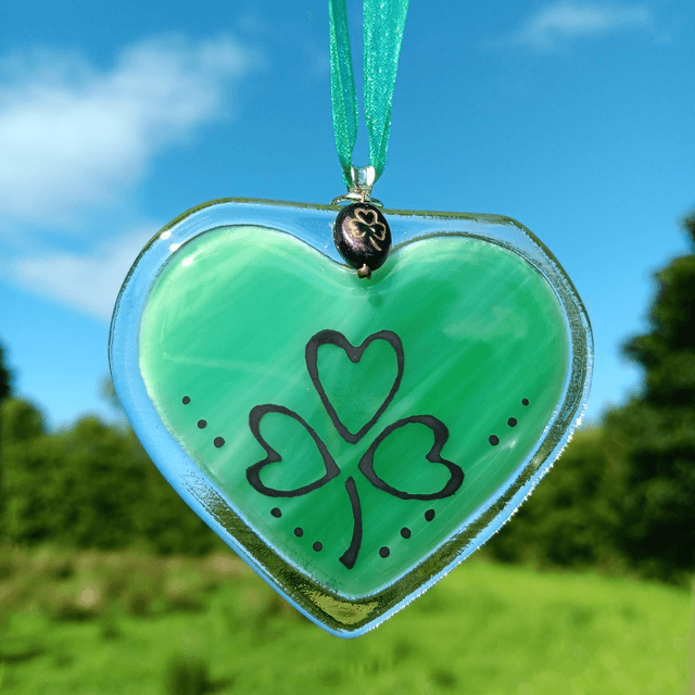 Fused glass Green Heart with hand-painted shamrock