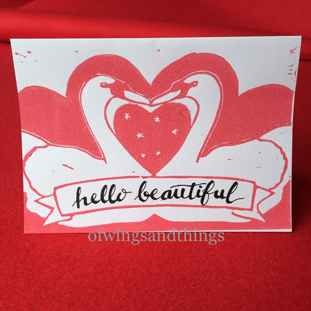 Lino print Swan card with message